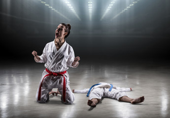 Sexy girl in a kimono karate rejoices victory