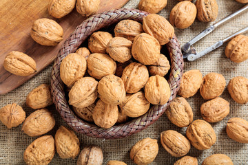 Walnuts in a basket on a table