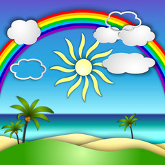 Fototapeta na wymiar Vector abstract paper collage with sun, sea, beach, rainbow and palm trees