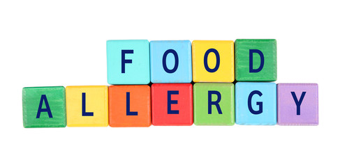 Allergy danger concept. Colorful blocks with text food allergy on white background.
