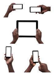 Male hands holding mobile smart phone and tablet with blank screen, isolated on white.