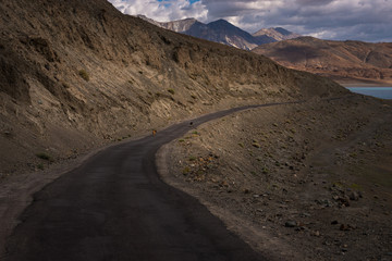 Road closed to Pangong tso (Lake). It is huge lake in Ladakh, altitude 14,270 ft, in Jammu,Kashmir, Leh district, Ladakh, India.