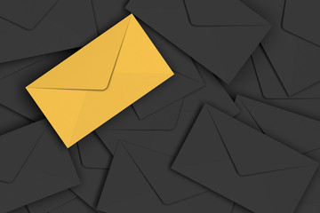 VIP Golden Envelope on Pile of Black Envelopes Background, 3D Rendering