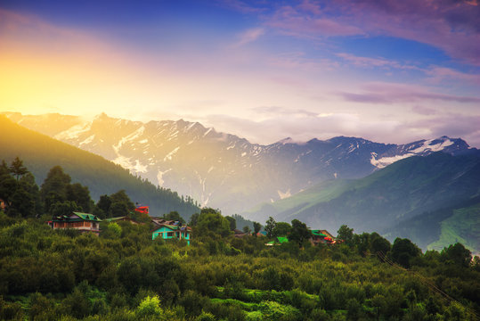 Sunrise landscape view in Manali, India.