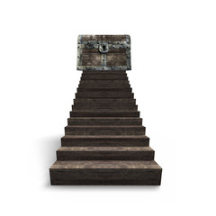Old treasure chest on top of wood stairs