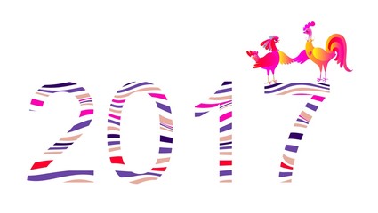 Obraz premium Rooster and hen - greeting card with chinese symbol of new year on lettering 2017. Vector illustration.