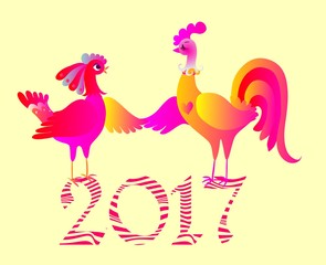 Rooster and hen - greeting card with chinese symbol of 2017 year. Vector illustration.