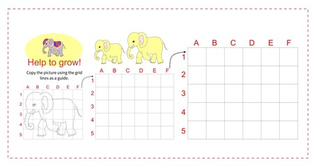 Educational game for children - Help the elephant to grow - copy the picture using the grid. Vector illustration.