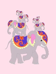 Seven elephants for happiness and good luck. Vector illustration