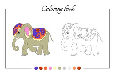 Coloring book page with cute elephant. Cartoon vector illustration for children education.