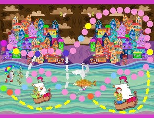 Obraz na płótnie Canvas Game for children - journey for colorful town on river coast in fairy country. Vector illustration