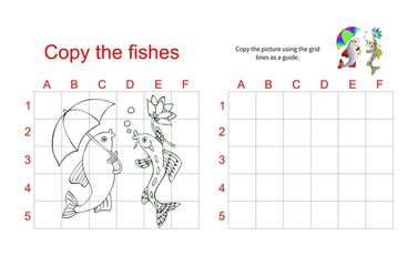 Grid copy puzzle - the picture of two talking fish. Educational game for children. Vector illustration.