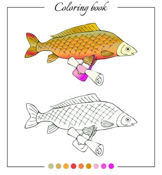 Coloring book with fresh water fish carp with bag. Cartoon vector illustration for children education.