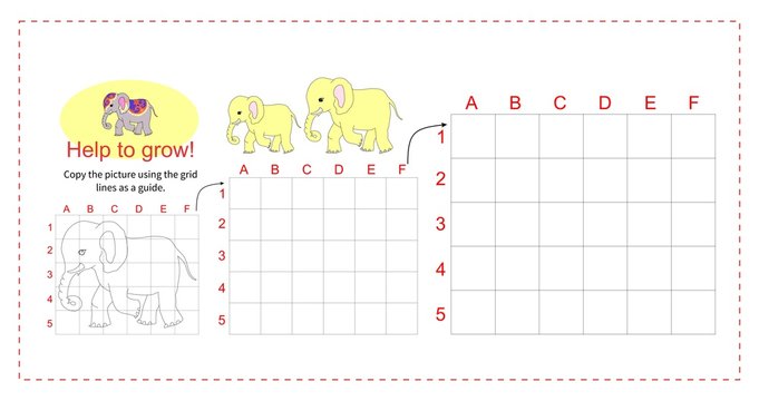 Educational game for children - Help the elephant to grow - copy the picture using the grid. Vector illustration.