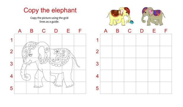 Grid copy puzzle - the picture of cute elephant. Educational game for children. Vector illustration.