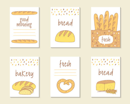 Cute doodle food cards, brochures, tags with bread