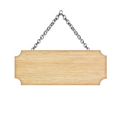 Wooden sign hanging on a chain isolated on white  background