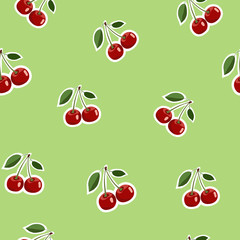 Pattern of red small cherry stickers same sizes with leaves on light green background