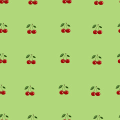 Pattern of small red cherry with leaves on light green background
