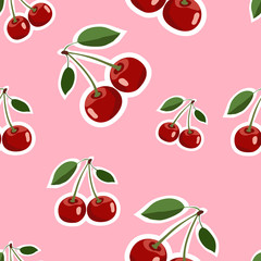 Pattern of red big cherry stickers different sizes with leaves on pink background