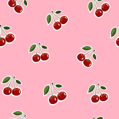 Pattern of red small cherry stickers same sizes with leaves on pink background