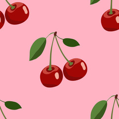 Pattern of big red cherry with leaves on pink background