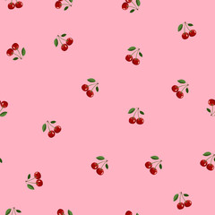 Pattern of red small cherry same sizes with leaves on pink background