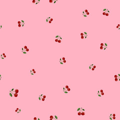 Pattern of red small cherry different sizes with leaves on pink background