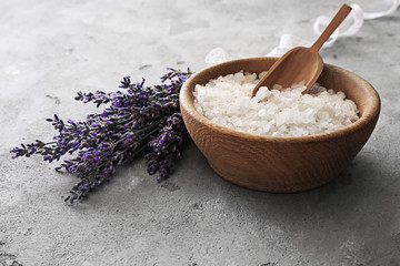 Lavender and sea salt in bowl, closeup