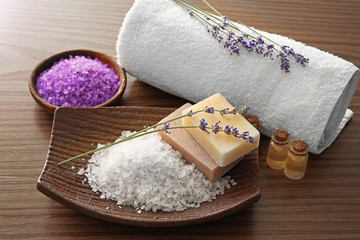 Beautiful spa composition with lavender, closeup