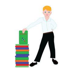 Cute boy in school uniform smiling and holding a book.