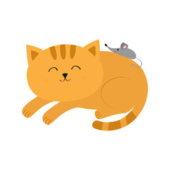 Cute lying sleeping orange cat with moustache whisker. Little mouse. Animal friends. Funny cartoon character couple. White background. Isolated. Flat design.