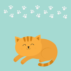 Cute lying sleeping orange cat with moustache whisker. Funny cartoon character. White animal paw print. Blue background. Isolated. Flat design.