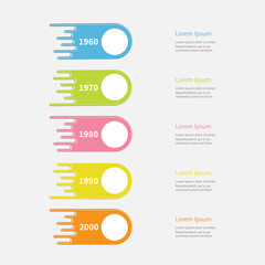 Five step Timeline Infographic. Vertical colorful comet shape with circle. Template. Flat design. White background.