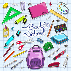 Vector illustration of Back to School supplies. Stickers school supplies.