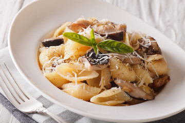Italian pasta with roasted forest mushrooms and parmesan close-up. horizontal
