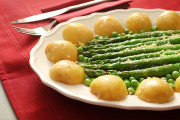 Asparagus with potatoes on plate