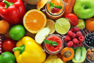Tasty smoothie drink with vegetables and fruits, closeup