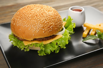 Fresh hamburger on plate, closeup