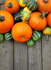 colorful pumpkins on wooden surface