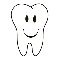 simple cartoon tooth smiling white silhouette on a blue background, teeth, vector illustration icon, logo first tooth. Medical dental office symbols. Care oral cavity, dental health, care, hospital