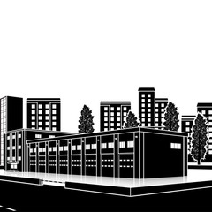 silhouette fire station building with reflection
