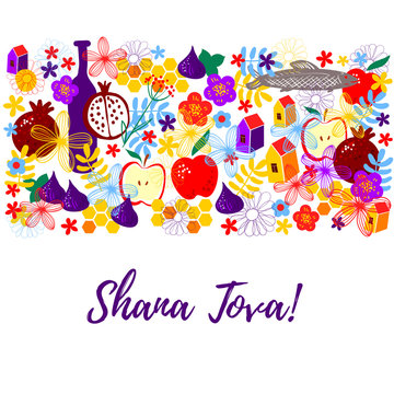 Greeting card wiyh symbols of Rosh Hashanah: apple, fig, pomegranate, wine bottle, honey comb, flowers, fish, house. Jewish new year celebration design. Happy Shana Tova. Happy New Year in Israel