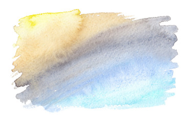 Yellow to blue gradient watercolor stain painted on white isolated background