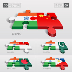 India and China, Indonesia, Pakistan, Bangladesh, Philippines Flag. 3d vector puzzle. Set 09.