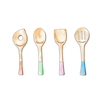 Cooking tools painting by watercolor illustration; food accessory design concept