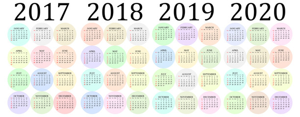 Four year vector calendar - 2017, 2018, 2019 and 2020