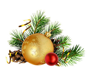 Christmas decoration with pine twigs, cones and balls