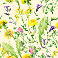 Fototapeta premium Meadow watercolor wild flowers seamless pattern