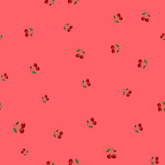 Pattern of red small cherry different sizes with leaves on red background